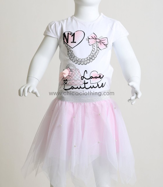 Βρεφικό σετ μπλούζα - φούστα τούλι με πέρλες (Ροζ)