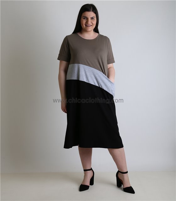 Φόρεμα τρίχρωμο μακρύ με τσέπη (Μαύρο)