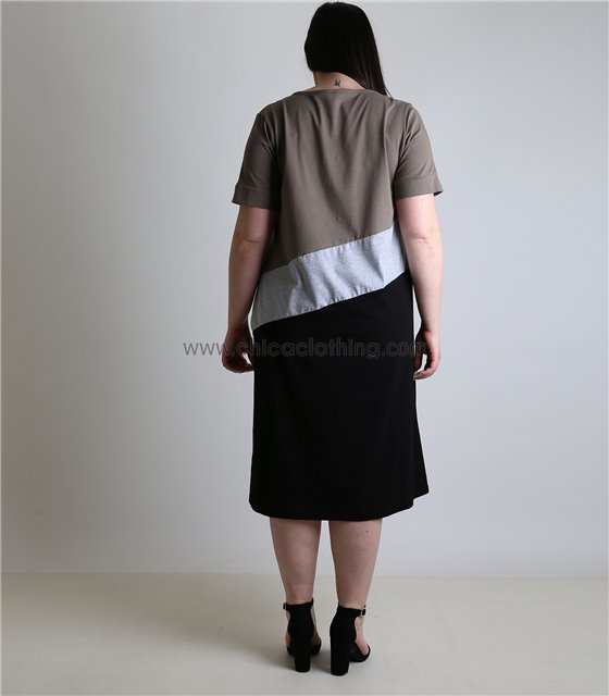 Φόρεμα τρίχρωμο μακρύ με τσέπη (Μαύρο)