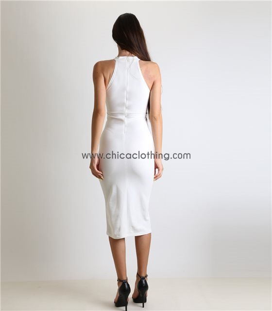 Midi αμάνικο εφαρμοστό φόρεμα Λευκό