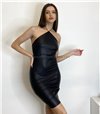 Φόρεμα μίνι δερματίνη εφαρμοστό εξώπλατο με δέσιμο (Μαύρο)