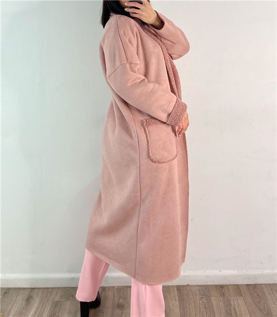 Μακρύ παλτό μουτόν με τσέπες (Ροζ)