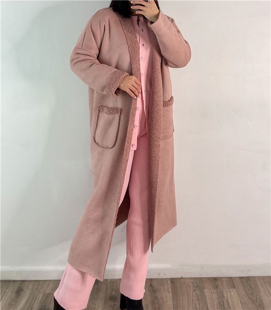 Μακρύ παλτό μουτόν με τσέπες (Ροζ)