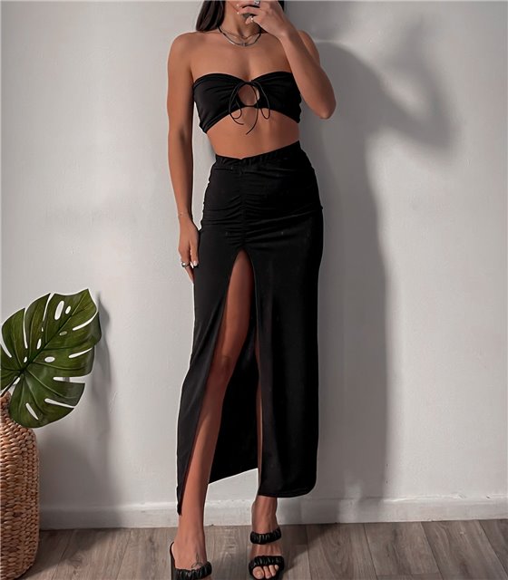 Σετ τοπ - φούστα με σούρα ψηλόμεση (Μαύρο)