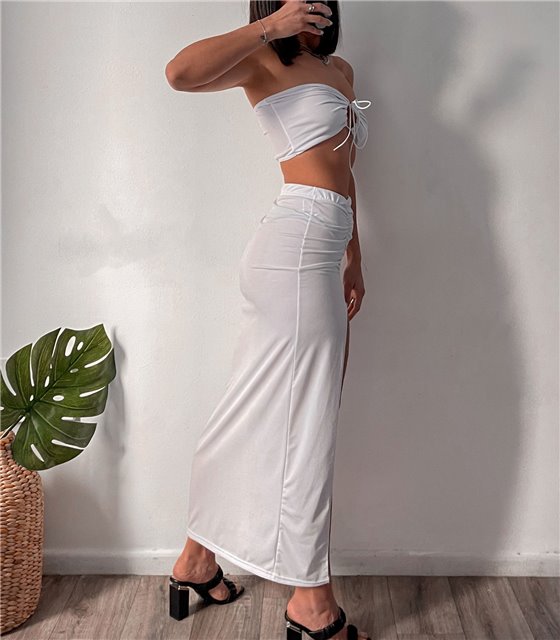 Σετ τοπ - φούστα με σούρα ψηλόμεση (Λευκό)