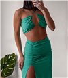 Σετ τοπ - φούστα με σούρα ψηλόμεση (Πράσινο)