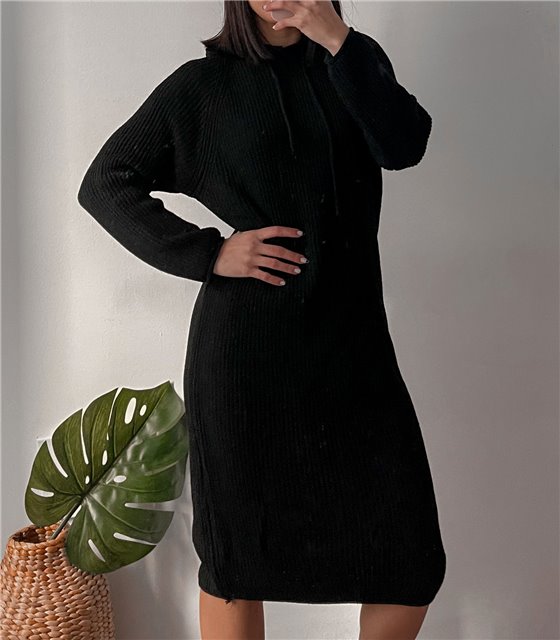 Πλεκτό φόρεμα με κουκούλα (Μαύρο)