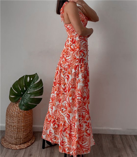 Μάξι φόρεμα φλοράλ με δετές τιράντες (Πορτοκαλί)