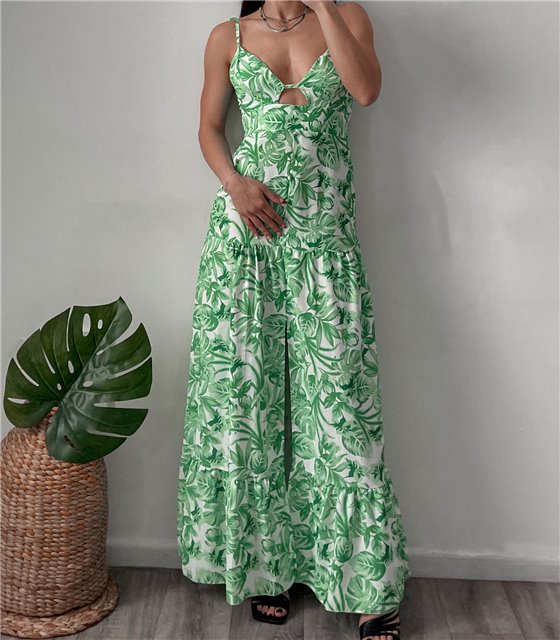 Μάξι φόρεμα φλοράλ με δετές τιράντες (Πράσινο)