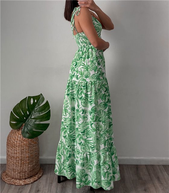 Μάξι φόρεμα φλοράλ με δετές τιράντες (Πράσινο)