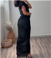 Μάξι φόρεμα κοντομάνικο με ζώνη (Μαύρο)