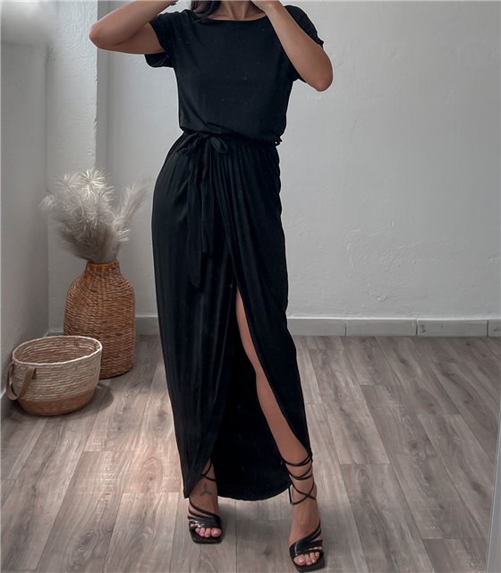 Μάξι φόρεμα κοντομάνικο με ζώνη (Μαύρο)