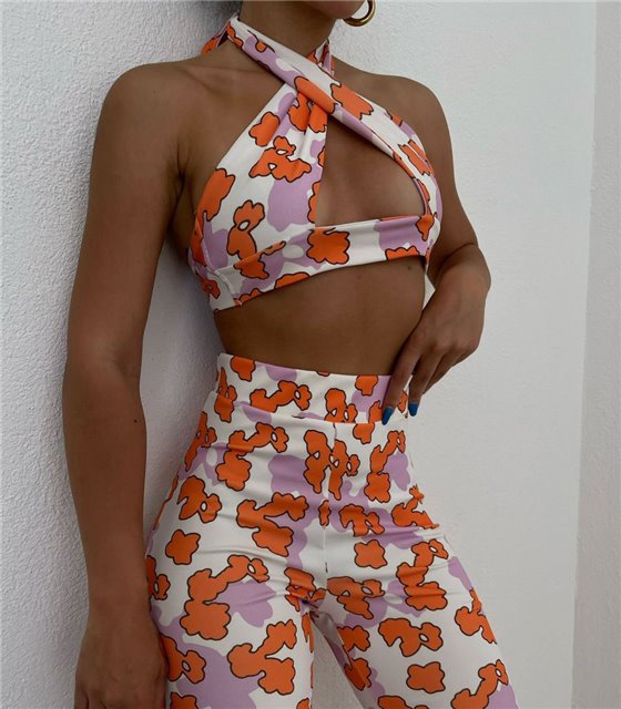 Σετ παντελόνα - τοπ χιαστή με λουλουδάκια (Πορτοκαλί)