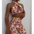 Σετ παντελόνα - τοπ χιαστή με λουλουδάκια (Πορτοκαλί)