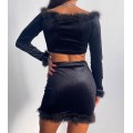 Σετ βελούδινο τοπ - φούστα με πούπουλα (Μαύρο)
