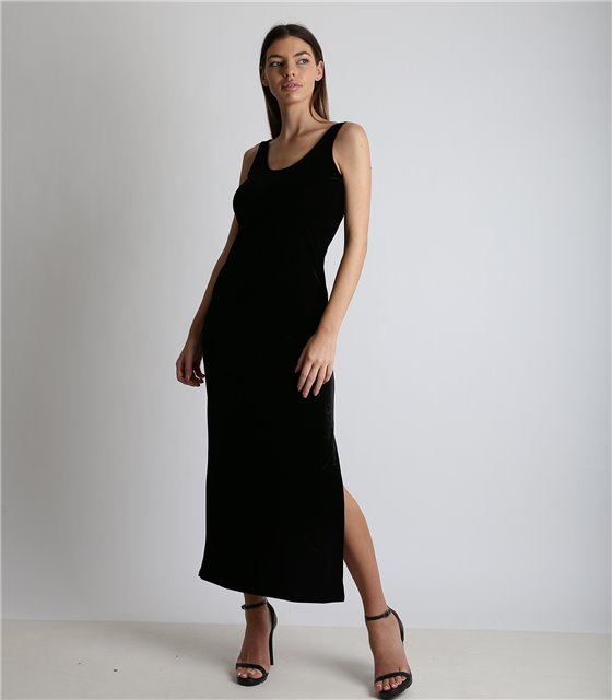 Μάξι φόρεμα βελούδο τιράντα με άνοιγμα (Μαύρο)