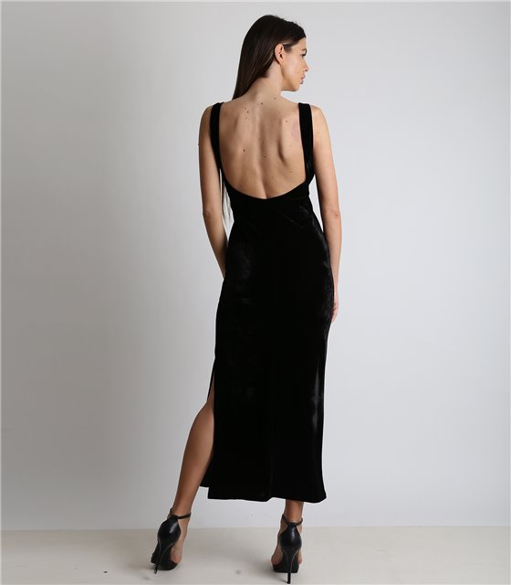 Μάξι φόρεμα βελούδο τιράντα με άνοιγμα (Μαύρο)