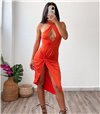 Midi φόρεμα με άνοιγμα στο στήθος και κόμπο (Πορτοκαλί)