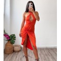 Midi φόρεμα με άνοιγμα στο στήθος και κόμπο (Πορτοκαλί)
