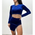 Σετ βελούδινο τοπ - φούστα με κρόσια στρας (Μπλε)