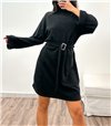 Φόρεμα πλεκτό ζιβάγκο με ζώνη (Μαύρο)