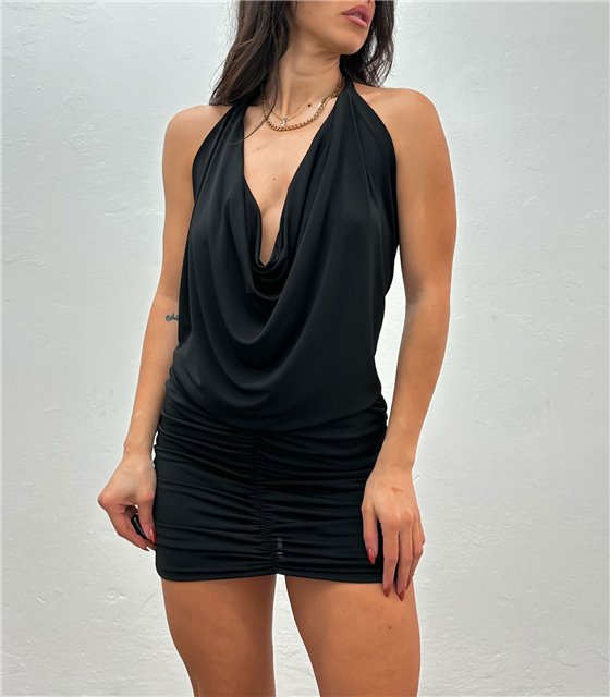 Φόρεμα ντραπέ εξώπλατο με σούρες (Μαύρο)