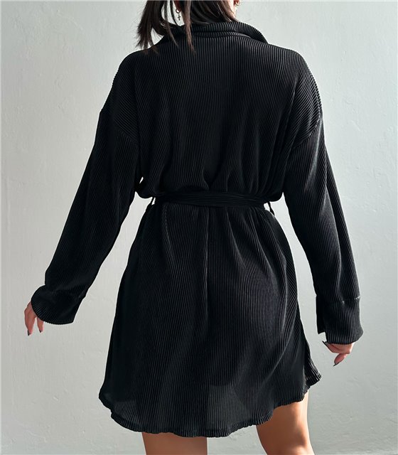 Φόρεμα πλισέ με ζώνη (Μαύρο)