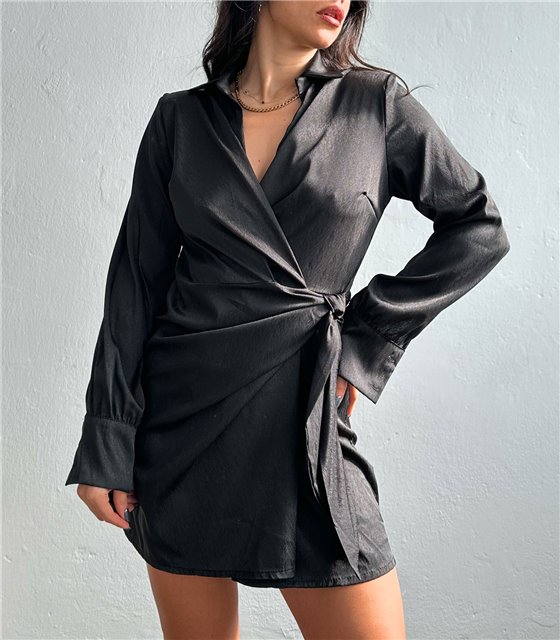 Φόρεμα σατέν δετό με βάτες (Μαύρο)