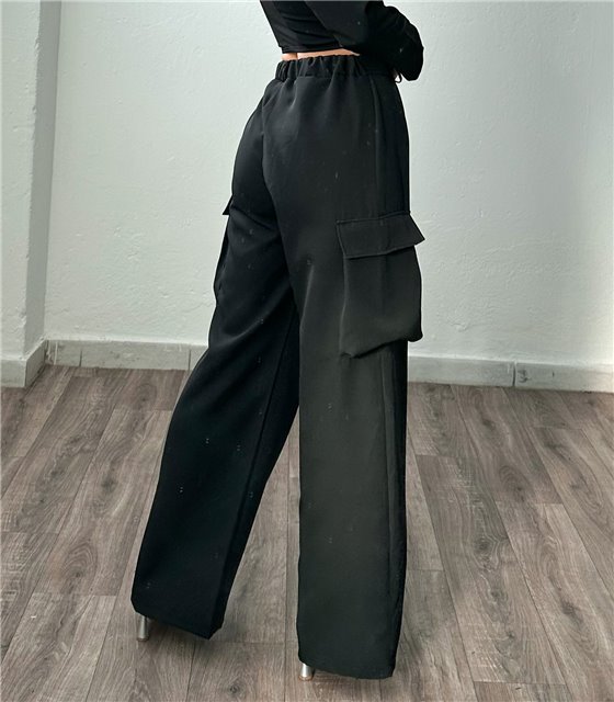 Ψηλόμεσο παντελόνι με τσέπες και λάστιχο (Μαύρο)