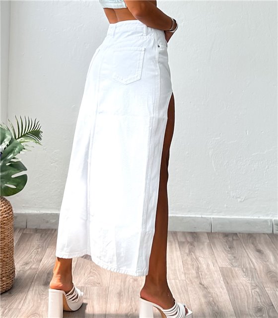 Ψηλόμεση τζιν φούστα με άνοιγμα και τσέπες (Λευκό)