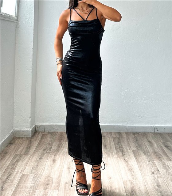 Φόρεμα μάξι μεταλλικό ντραπέ (Μαύρο)