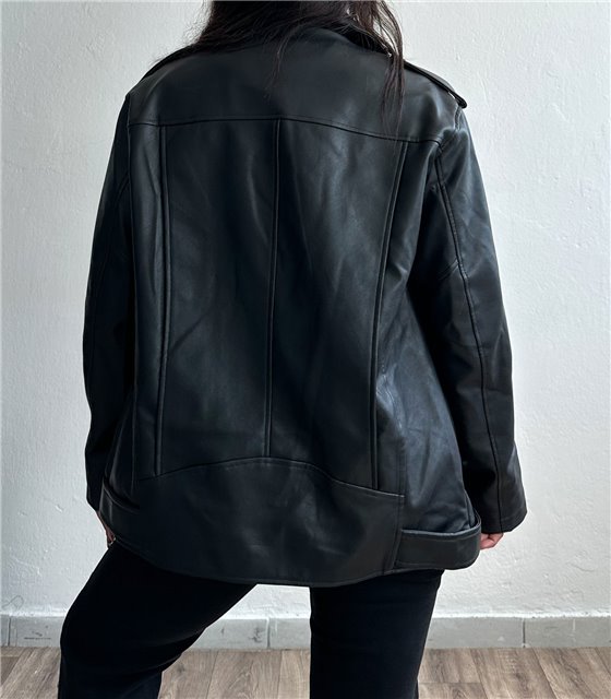 Jacket δερματίνη με τσέπες και ζώνη (Μαύρο)