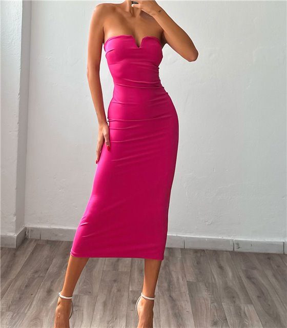 Midi στράπλες φόρεμα με δεσίματα (Ροζ)