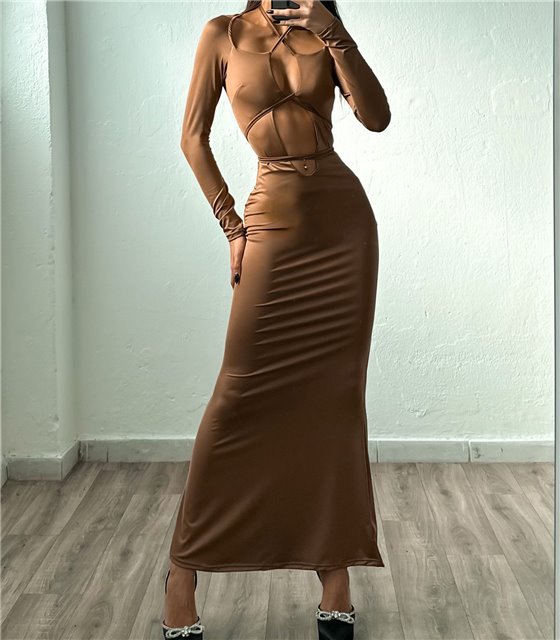 Φόρεμα μάξι με δεσίματα Naomi (Καφέ)