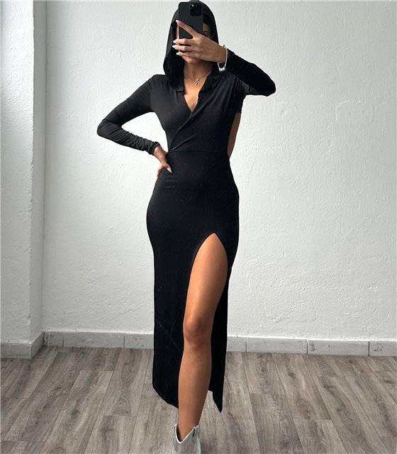 Midi φόρεμα με κουκούλα (Μαύρο)