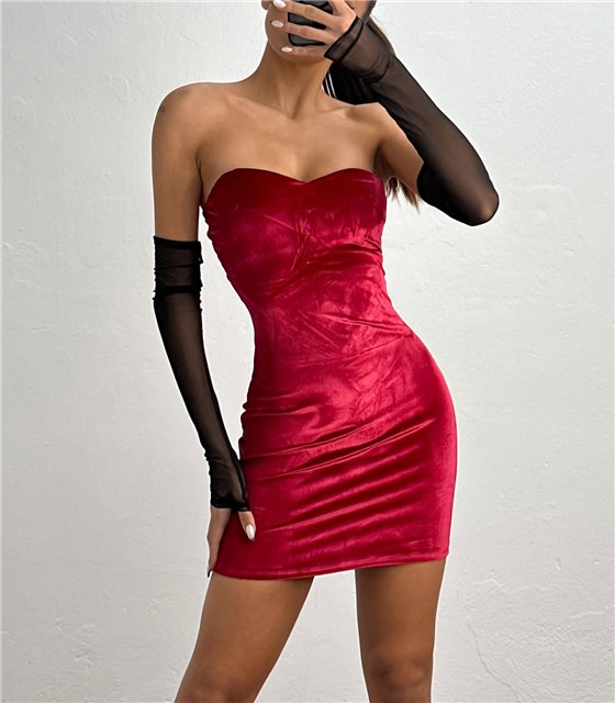 Βελούδινο στράπλες φόρεμα με μανίκια (Κόκκινο)