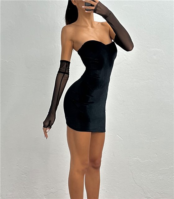 Βελούδινο στράπλες φόρεμα με μανίκια (Μαύρο)