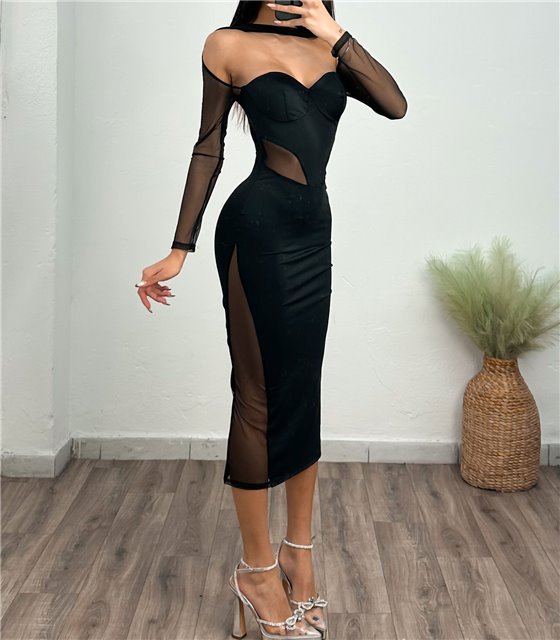 Φόρεμα midi με διαφάνεια (Μαύρο)