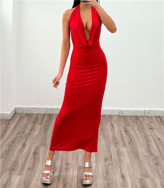 Μάξι φόρεμα εξώπλατο με ντραπέ Samantha (Κόκκινο)