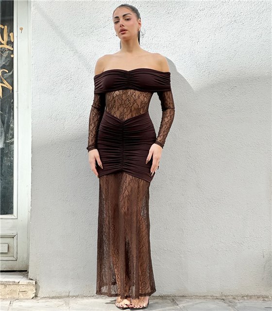 Μάξι φόρεμα δαντέλα Irene (Καφέ)