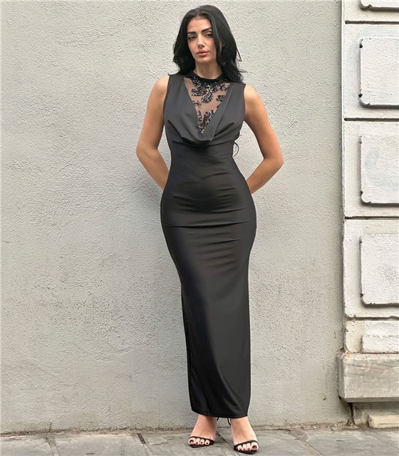 Μάξι φόρεμα ντραπέ δαντέλα Amalthea (Μαύρο)