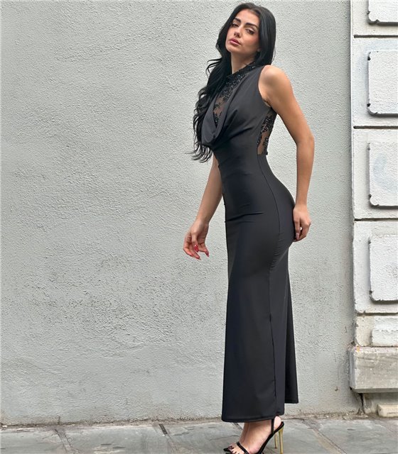 Μάξι φόρεμα ντραπέ δαντέλα Amalthea (Μαύρο)