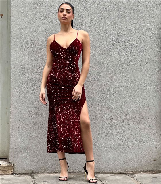 Μάξι βελούδινο φόρεμα παγέτα Antigone (Μπορντό)