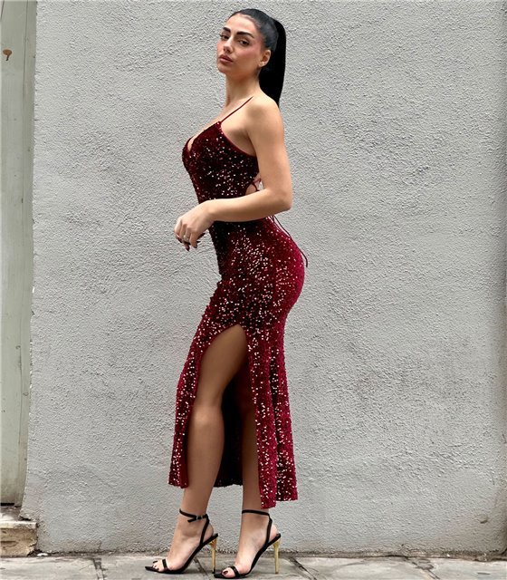 Μάξι βελούδινο φόρεμα παγέτα Antigone (Μπορντό)