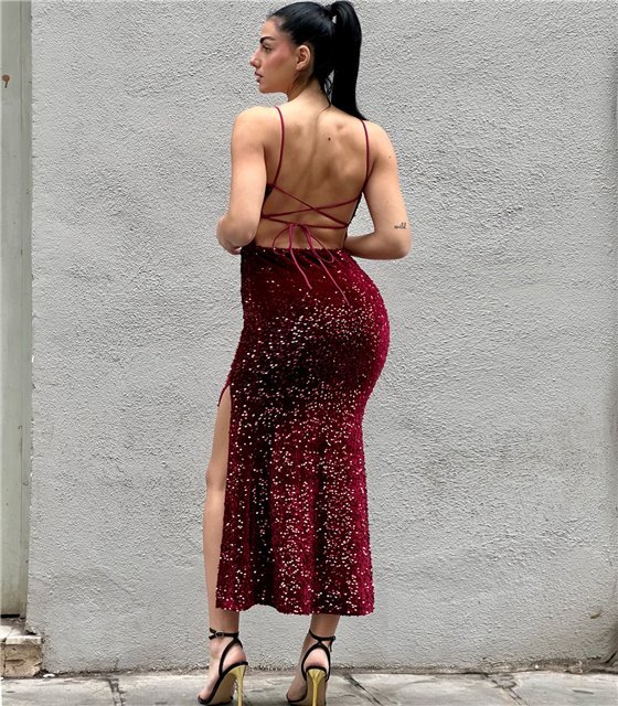 Μάξι βελούδινο φόρεμα παγέτα Antigone (Μπορντό)