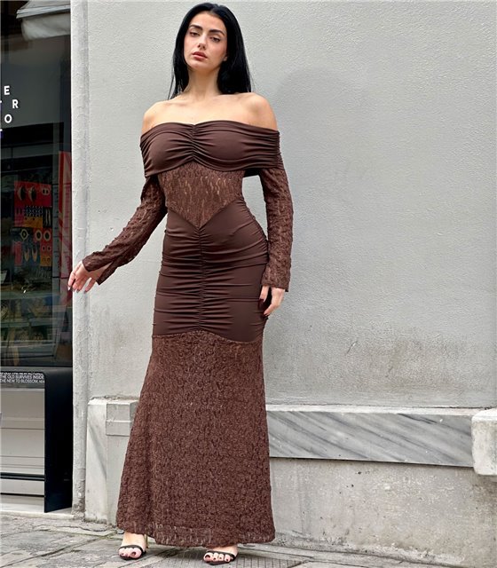 Μάξι φόρεμα δαντέλα Dareia (Καφέ)