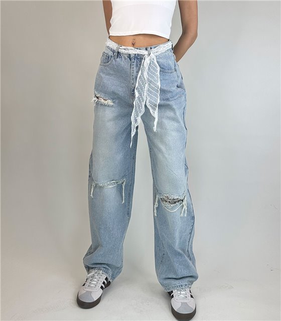 Τζιν ψηλόμεσο με ζώνη δαντέλα Elpida