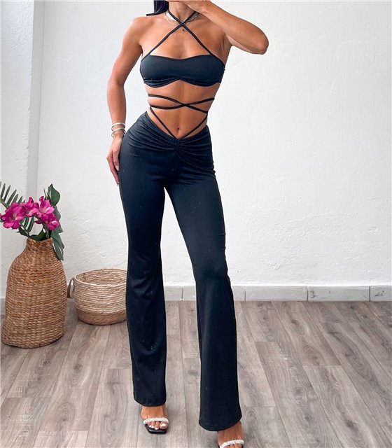 Σετ τοπ - παντελόνι με δεσίματα (Μαύρο)