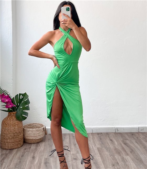 Midi φόρεμα με άνοιγμα στο στήθος και κόμπο (Πράσινο)