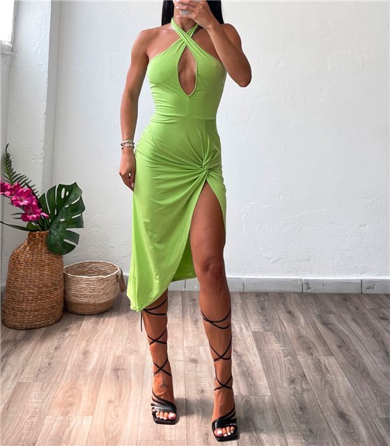 Midi φόρεμα με άνοιγμα στο στήθος και κόμπο (Λαχανί)